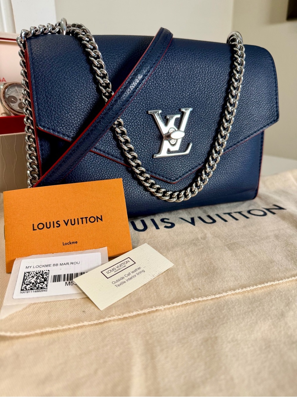 Louis Vuitton Navy Leather Lockme BB Chain Crossbody with Red Edge